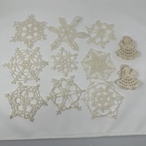 Vintage Handmade Crochet Snowflake‎ Ornaments Lot With Angels White Christmas
